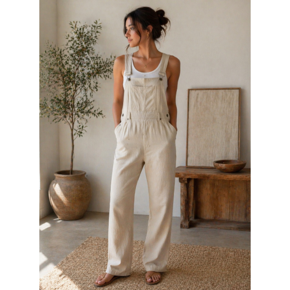 VTG Bridgewater Women Beige Linen Overalls Wide Leg Jumpsuit Sz 10 Casual Utilit